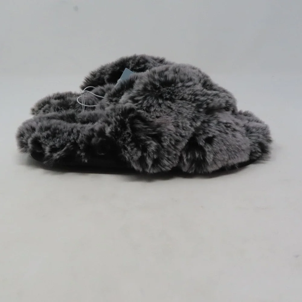 Cat & Jack Girls Faux‎ Fur Criss Cross Slippers Grey Black Medium 2/3 NEW